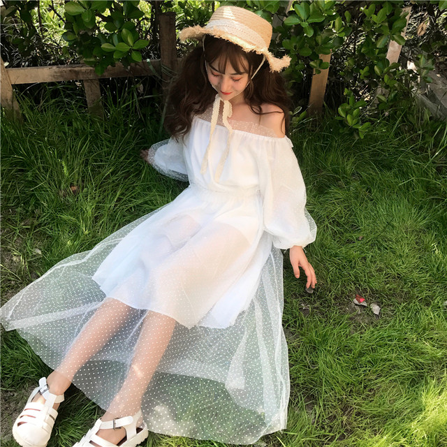 031 ドットメッシュ オフショルワンピ 2色 シースルー シフォンワンピ ロングワンピ 長袖 カジュアルドレス パーティー お呼ばれ レトロ ガーリー More Lluze モア ルーゼ