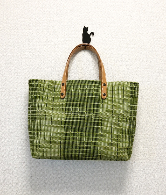 裂き織りバッグ グリーンチェック 本革持ち手 Oriiza Ya