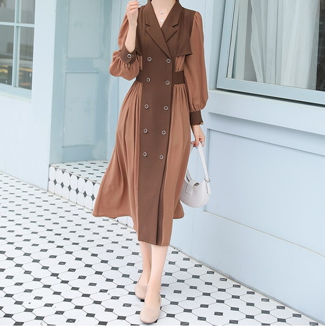 送料無料 ワンピース レディース 長袖ワンピース 長袖 ランタンスリーブ トレンチ風 トレンチデザイン トレンチワンピース ダブルブレスト 開襟 Vネック デコルテ 異素材ワンピース ロングワンピース ロング丈 ミモレ丈 ハイウエスト 脚長効果 体型カバー 着やせ 透け感