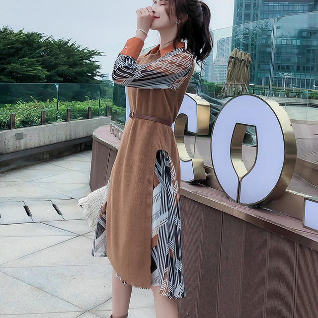 セットアップ シフォンワンピースとロングニット 膝丈 ハイウエスト Aライン ベージュ ブラウン エレガント 秋 冬 Paprika