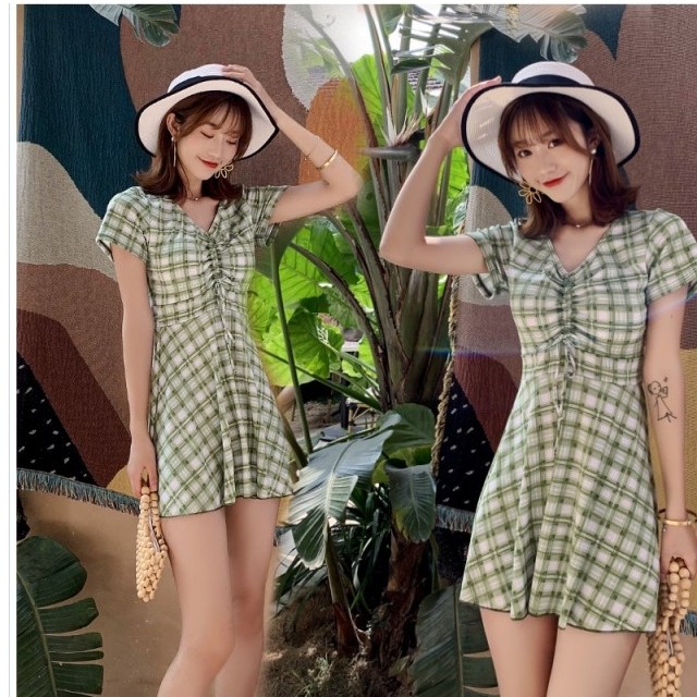 バックリボン ワンピース レトロシックバックリボン半袖格子柄ワンピース イエロー Basecamp49