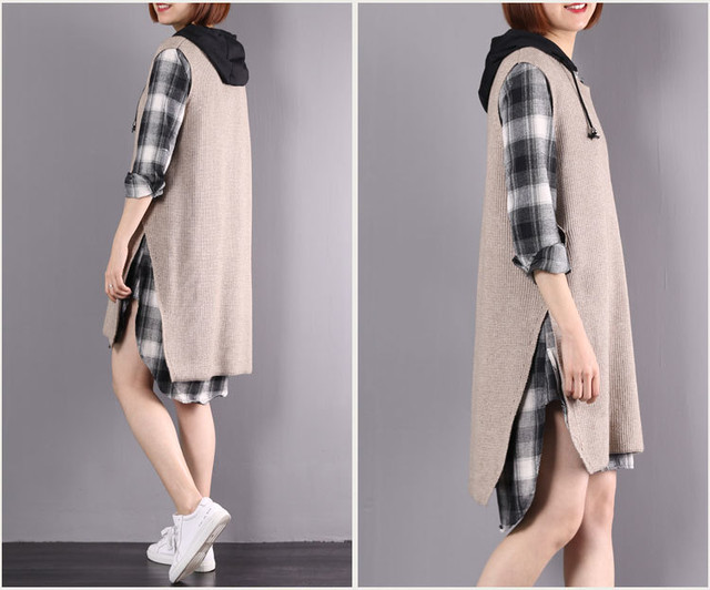 ニットベスト チェックシャツ セットアップ レディース チェックワンピース ニット チェック柄 秋新作 セットワンピース 秋冬 ツーピース 重ね着 ノースリーブ ニットワンピース Wanpi