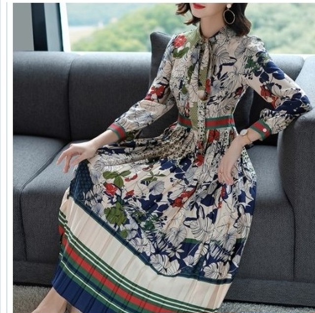 プリーツスカート ロング 花柄 レトロ ワンピース 60年代 リボンタイ プリーツ プリーツスカート ワンピ ドレス ロングドレス ボウタイ Basecamp49