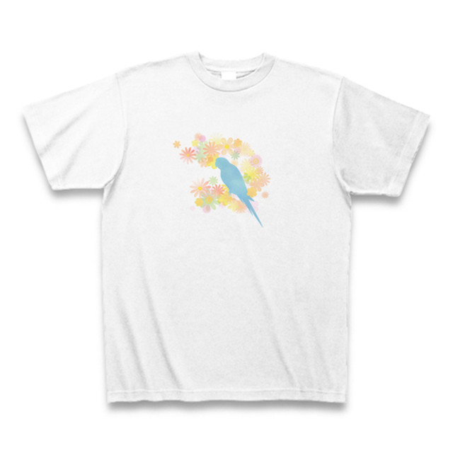 水彩風タッチ インコとお花のシルエットtシャツ ちょびすけ工房