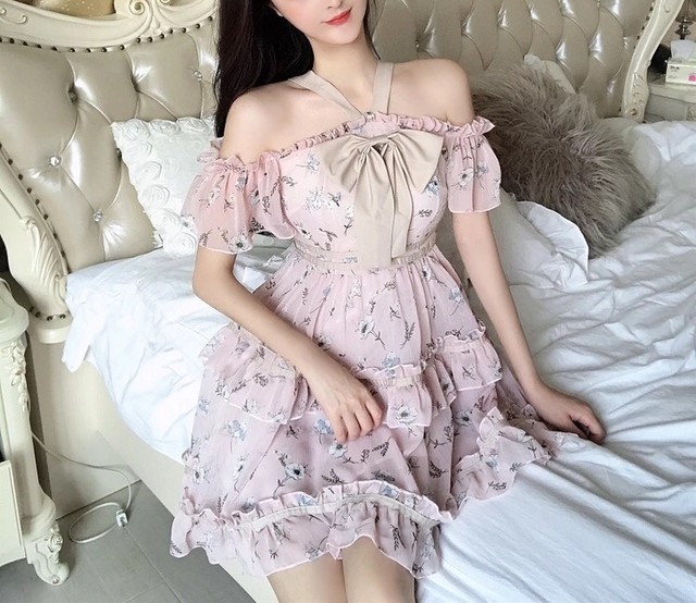 リボン オフショルダー ワンピース ベージュ ドレス パーティー ピンク フレア ミニスカート ドレス かわいい フリル Loveysmileshop