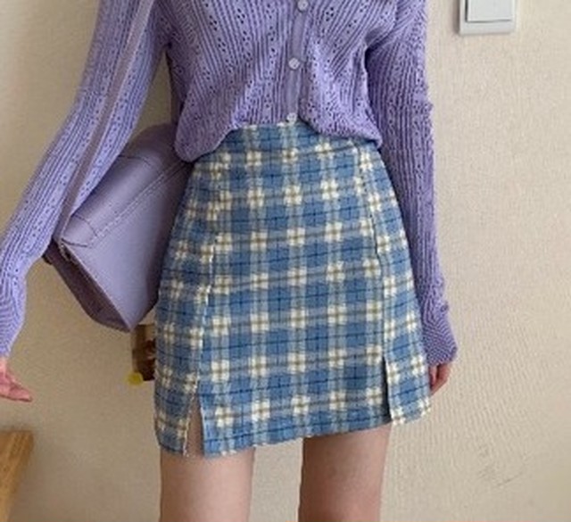 水色aラインチェックスカート1595 S M 韓国レディースファッション通販tgy ティージーワイ