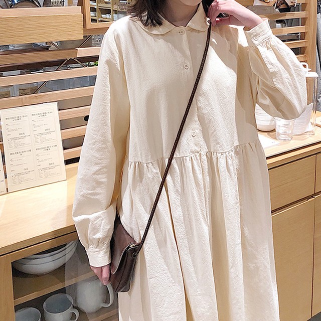 レディース ワンピース 春秋 シャツワンピース リネン ロング丈 ひざ下丈 襟付き 丸襟 長袖 バルーンスリーブ 無地 フレア Aライン ギャザー ガーリー レトロ 切り替え Prism One プリズム ワン