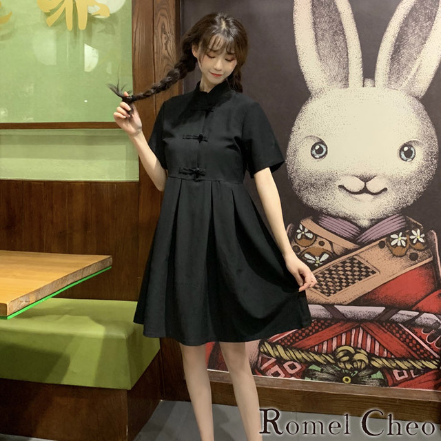 Romelcheo チャイナボタンフレアワンピ ワンピース 膝上丈 ミニワンピ レディース 半袖 チャイナドレス チャイナ服 華ロリ 原宿系 ゆめかわ かわいい ガーリー 中華風 普段着 青文字系 ファッション 森ガール ロメルチェオ Romelcheo