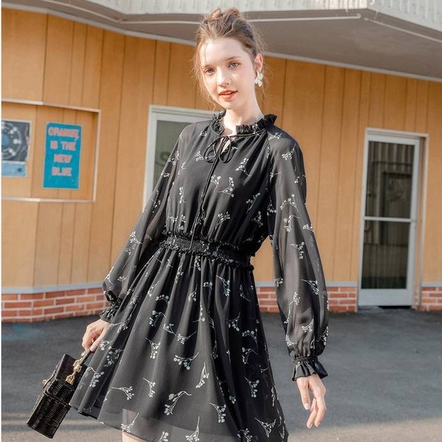 小花柄 長袖 ワンピース ミニ丈 シフォン シースルー 秋 Cgyk Cg1p