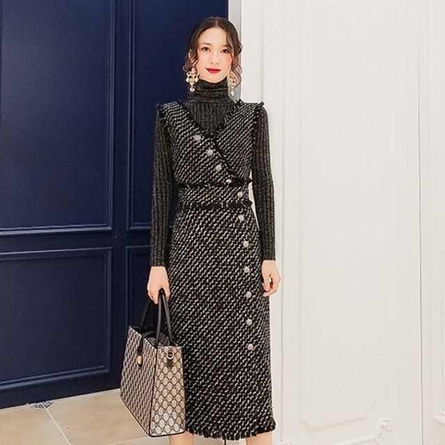 ツイード ジャンパースカート ワンピース ドレス サイドボタン ノースリーブ ひざ丈 タイト ブラック 上品 エレガント 大人きれい 韓国 オルチャン 秋 冬 Like Fashion プラス