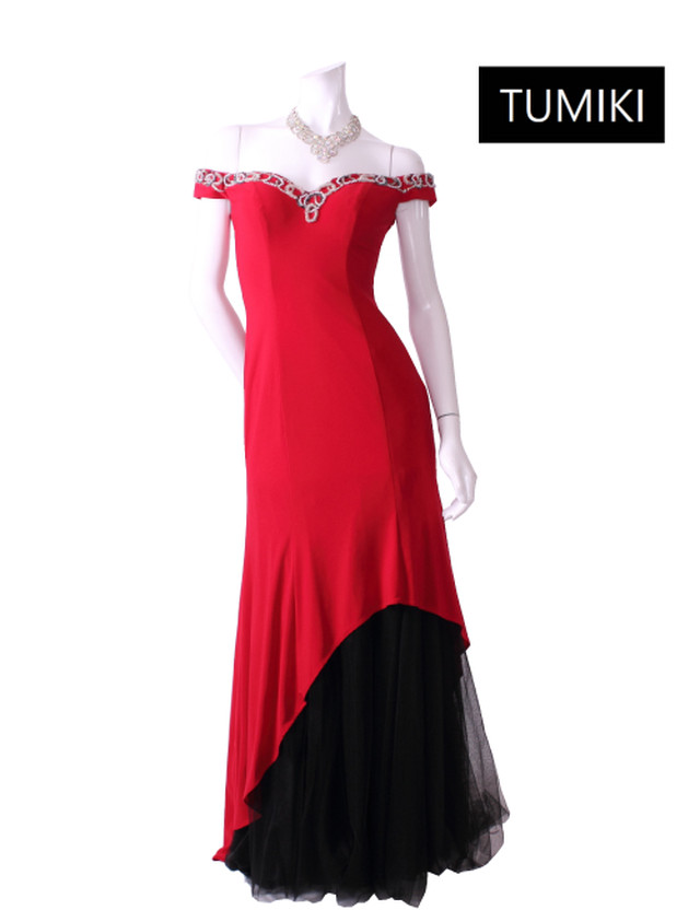 1st オフショルダーロングドレス バイカラー風ドレス ビーズ刺繍 アシンメトリー チュールパニエ付 背中あて付き ストレッチ素材 赤 黒 Mサイズ お水系 キャバ系ドレス ナイトドレス ゲストドレス カラオケドレス 発表会 結婚式ドレス F2155 Himejitumiki