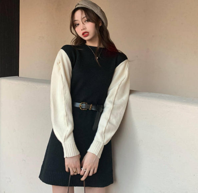 ニットワンピース ミニ丈 バイカラー ベルト付き ゆったり ガーリー きれいめ 韓国 オルチャン ファッション Cocotown