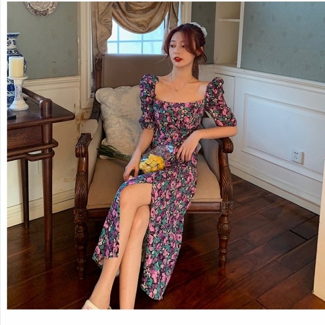 クラシカル ワンピース ワンピース 花柄 ミモレ丈 パフスリーブ スリット 紫 オルチャン 韓国ファッション プチプラ Basecamp49