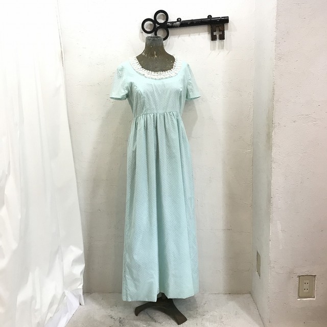 ドット ロングワンピース ネグリジェ マキシ丈 レース 水色 ブルー ヴィンテージ Tokyodresslab