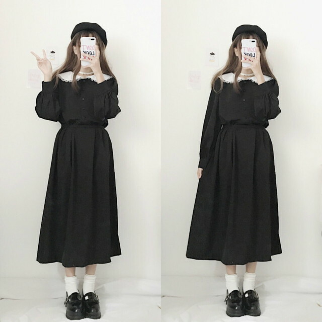 ゴスロリ 黒ワンピ 修道女風 病み可愛い フリル ワンピース ゆったり上品 モード系ファッション専門店 With U