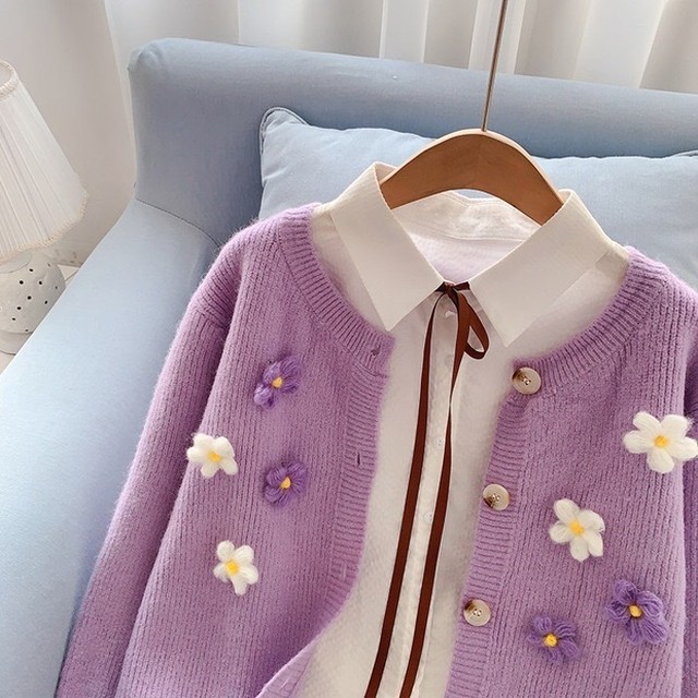 Outer 韓国系超人気清新人気デザイン刺繍花柄ラウンドネックカーディガン3色 Nanastyle