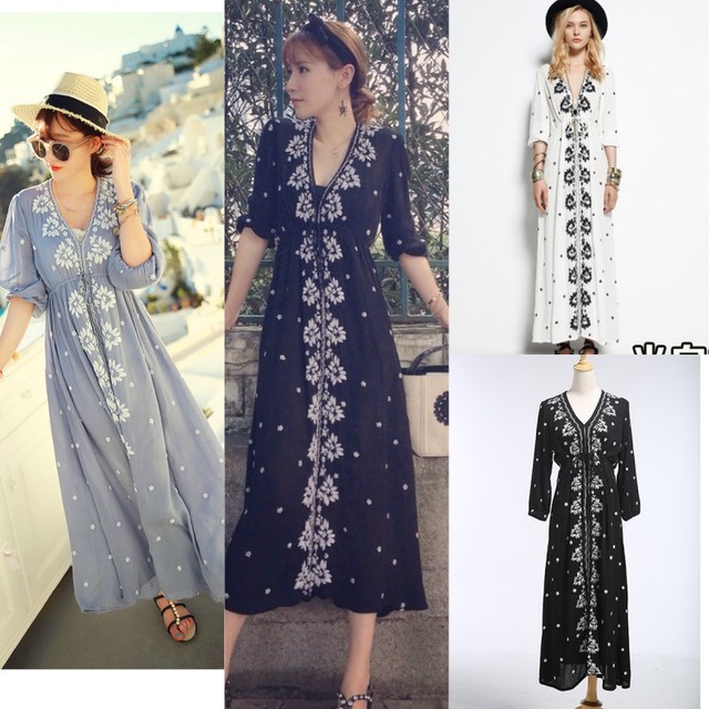 ボヘミアン調花柄ワンピース 刺繍ワンピース パフスリーブ エレガント ゆったり 体型カバー 大きいサイズ 春服 春先vivm9914 Ty Myfa Pm マイフェイプレママ