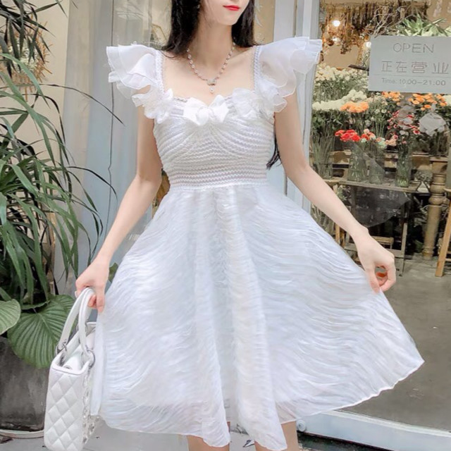 白 リボン ガーリー ワンピース フレア シンプル Loveysmileshop