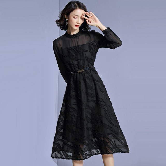 ロングワンピース フォーマルワンピー ワンピース レディース 春 秋 シフォン レース ふんわり ロング丈 マキシ ミモレ丈 シースルー 長袖 花柄 ハイネック フリル ベルト付き Aライン フレア シースルー 無地 M123 Bshop