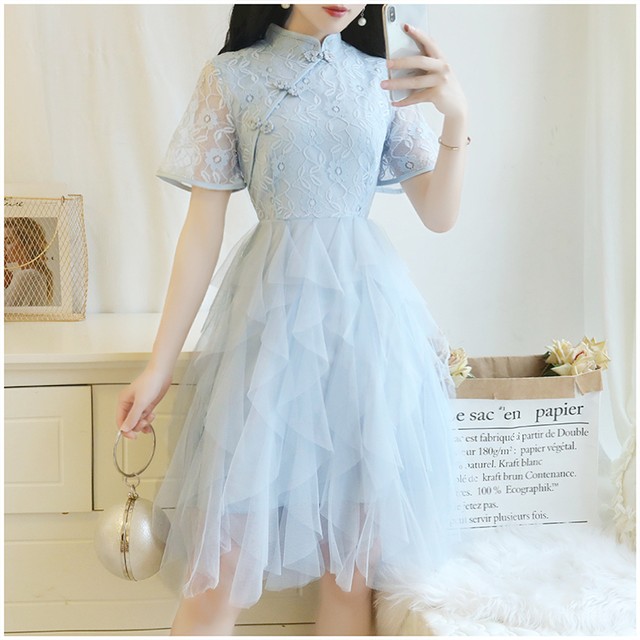 21 春 夏 レディース ワンピース ドレス ひざ丈 半袖 ライトブルー ピンク アイボリー 花柄 シア シースルー 透け感 中国風 韓国 フェミニン かわいい 上品 お呼ばれ デート お出かけ パーティー 二次会 結婚式 母の日 プレゼント 人気 Canzone カンツォーネ