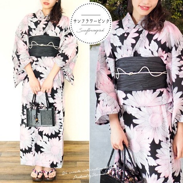 浴衣 レディース 単品 向日葵 ブラック ピンク 浴衣単品 ゆかた 大人 ひまわり 黒 大きめの花柄 Konomiselect