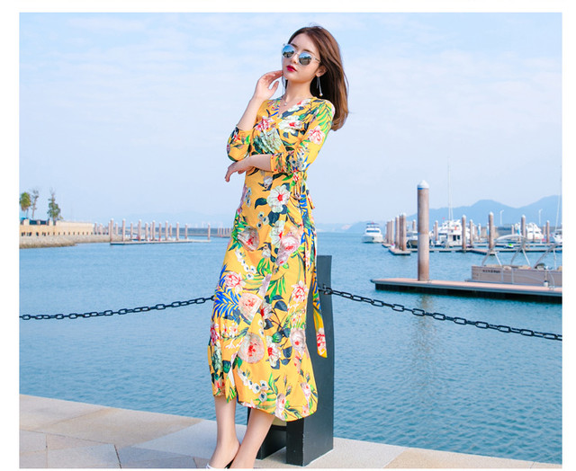 派手カワな花柄 シフォンワンピース ｖネック ミモレ丈 レトロ 0675 Shlouf Mart