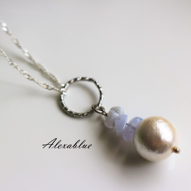天然石アクセサリーロングネックレス Silver925ネックレス 大人可愛い コットンパール ブルーレースアゲードネックレス 上品 母の日プレゼント 誕生日プレゼント 記念日プレゼント お出かけ Alexablue ハンドメイドアクセサリー