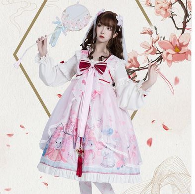 ロリータワンピース 華ロリ 中華ロリ 和ロリ 和風ロリータ ワンピース のみ 3色 小花柄 花柄 お花 花柄 お花 プリント 膝丈 ひざ丈 ミディアム 長袖 シフォン 宮廷風 かわいい ゆめかわ ゆるふわ ラブリー Loli3038 Luxury