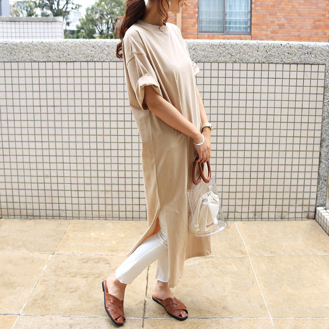 ワンピース 夏 レディース スリット オーバーサイズ ワンピ きれいめ 膝下 ロング クルーネック ワンピ 半袖 カットソーワンピ ベージュ R F リアルファッション レディースカジュアルのリアルなスタイルをリアルなプライスで