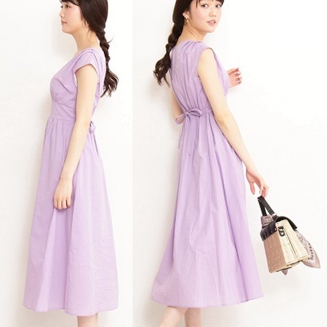 ワンピース ノースリーブ 袖なし ロング丈 マキシ丈 ハイウエスト リボン くびれ 清楚 カジュアル ラベンダー 体型カバー プチプラレディースファッション通販 Yboueki