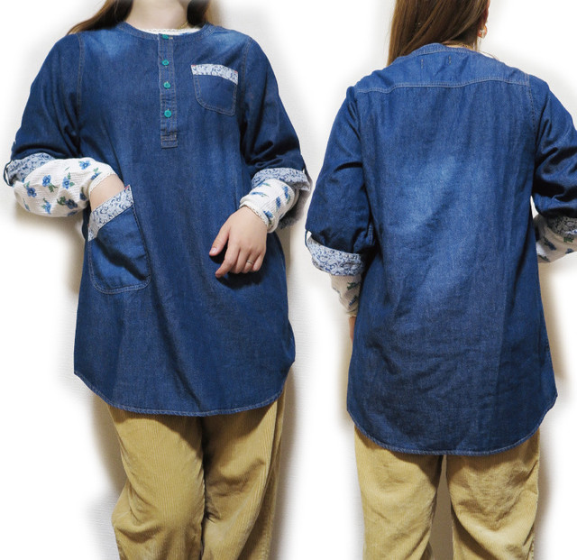 デニム チュニック ヘンリーネック 再値下げ 当店オリジナル Maple Sugar 洗いざらし ペイズリー 使い 袖ロールアップ 5分袖 アメカジ デニム かわいいボタン付 リメイク風 古着風 Walnuts