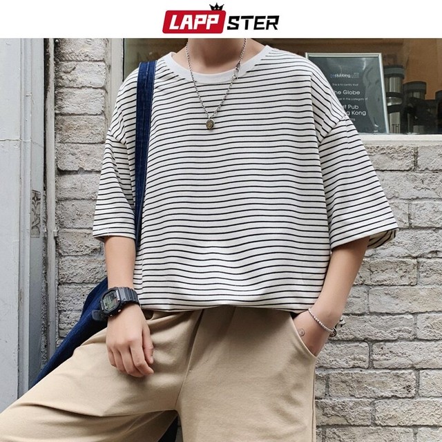 Lappsterメンズオーバーサイズストライプtシャツ原宿コットントップスメンズカラフルイエローtシャツカップルストリートtシャツtシャツ かわいい Lappster公式ストア Efect