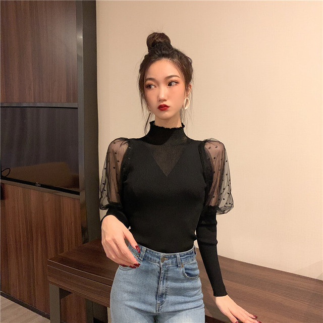 ハイネックブラウス トップス 長袖 シースルー ドット ハイネック ホワイト ブラック デート 女子会 韓国 オルチャン 韓国レディースファッション通販 ポワン