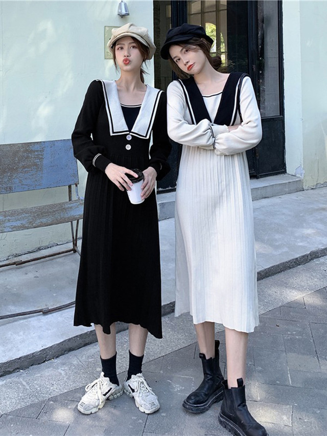 ワンピース ニットワンピース 長袖 ミモレ丈 プリーツ 大きめ襟 シンプル 無地 大人カジュアル 冬 Quadrifolie クローバー