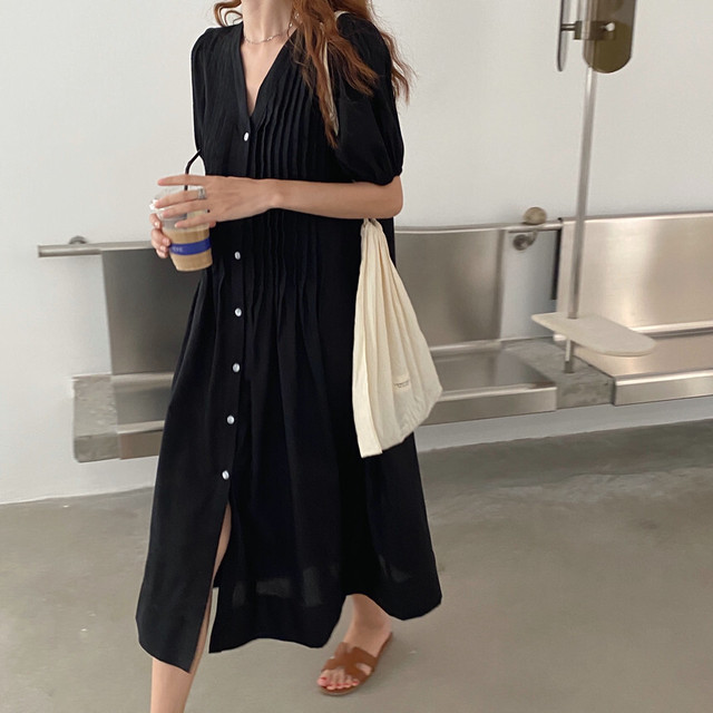 ワンピース シンプル ホワイト ロング丈 Vネック パフスリーブ 半袖 上品 楽ちんコーデ ゆったり 無地 お出掛け デート 旅行 リゾート 春 夏 Ukiukionepicec