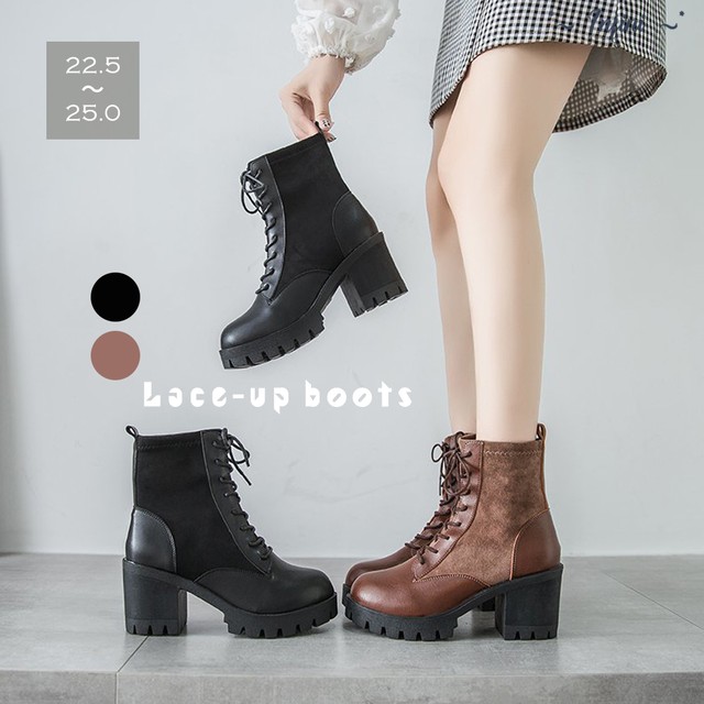 レースアップブーツ ブーツ 編み上げブーツ レディース ショートブーツ 靴 通勤 Ol 秋冬 黒 おしゃれ 太ヒール 靴 Infini Arc En Ciel