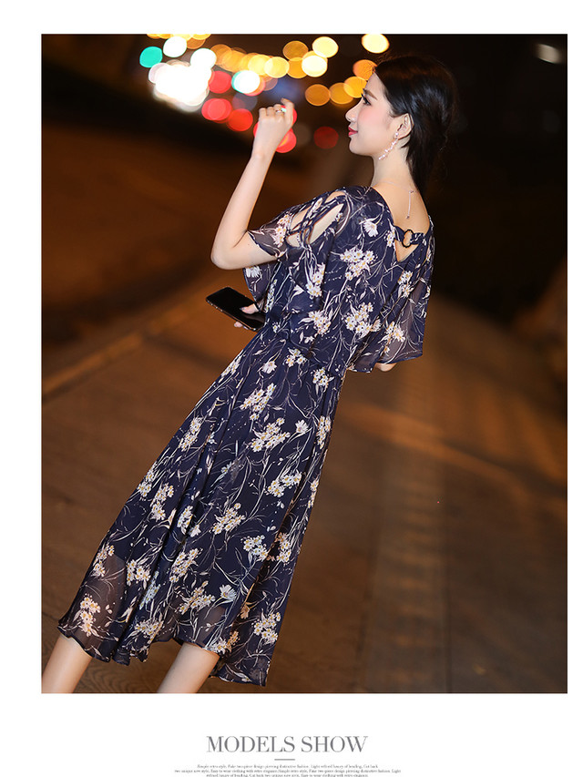 ワンピース 花柄 半袖 Vネック シフォン ロング フレア ミモレ丈 Honeysuite