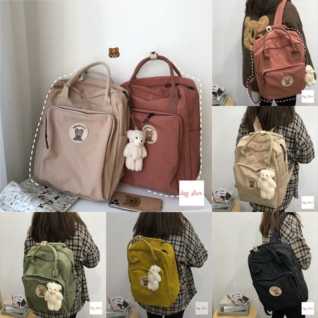 くすみカラー ナイロン バックパック リュックサック スクエア型 レディース くま ベアー タグ 大容量 収納可 通勤 通学 軽量 インスタ映え プレゼント 可愛い 10代 代 30代 40代 取寄 発送目安14 21日営業日 取寄 発送目安14 21日営業日 Laff Store