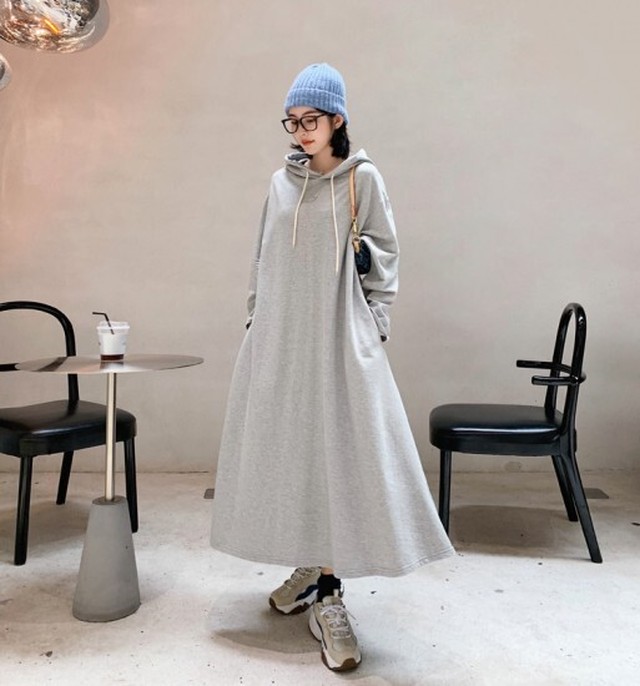 ロングワンピース レディース 秋冬 薄手 パーカー ワンピース Aライン ワンピ カジュアルコーデ 長袖 大きめサイズ ゆったり フード Shopmall To You