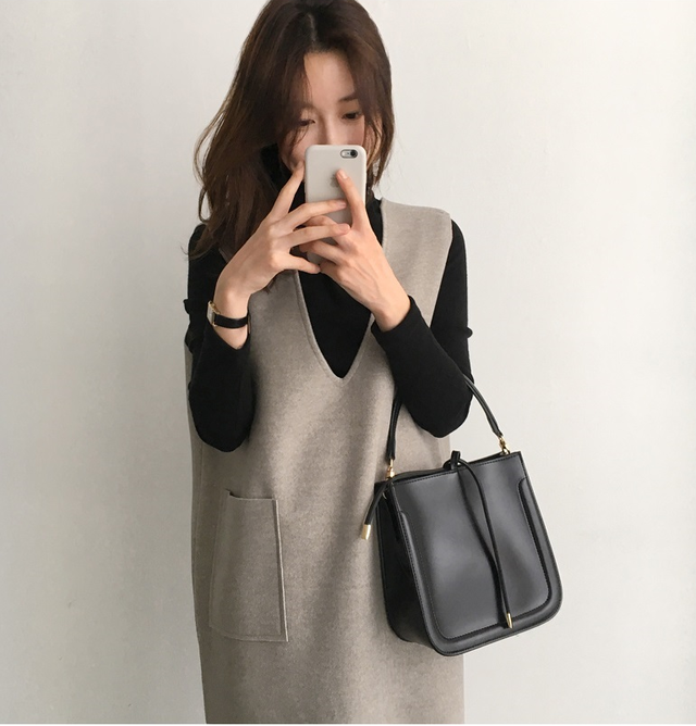 M 3xl ツーピース ウール ハイネックトップス ノースリーブワンピース Iライン 無地 着回し 着やせ きれいめ 通勤 通学 お出かけ デート 秋冬 Arroser