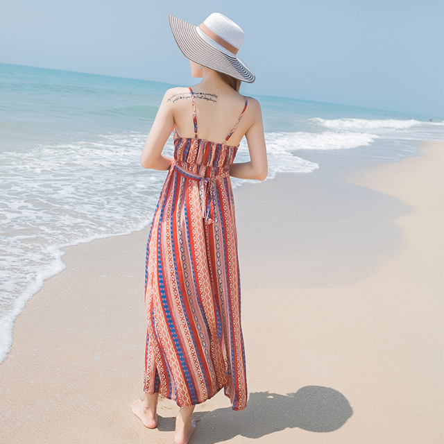 エスニック柄 ワンピース ストライプ キャミソールワンピース リゾートワンピース シフォン マキシ丈 夏服 レディース ハワイアン リゾートファッション 韓国 ファッション C0086 Aeka Clothet