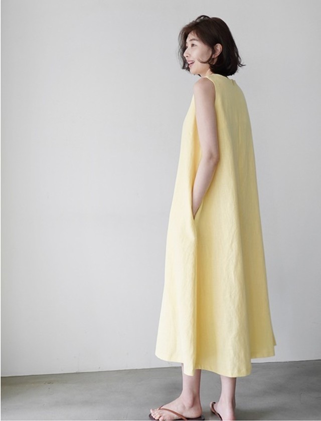 全2色 コットンリネンワンピース Aライン ゆったり 薄手 ミモレ丈 ナチュラル シンプル リラックス ラウンドネック 春夏 お出かけ デート 女子会 デイリー ノースリーブ ベーシック 無地 Arroser