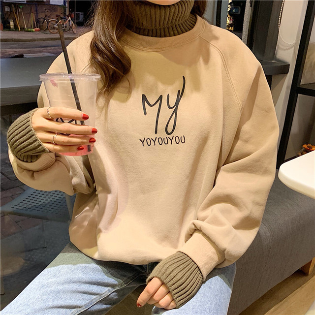 韓国ファッション 厚手 重ね風 ファッション ハイネック 長袖 プリント パーカー トップス 75shops
