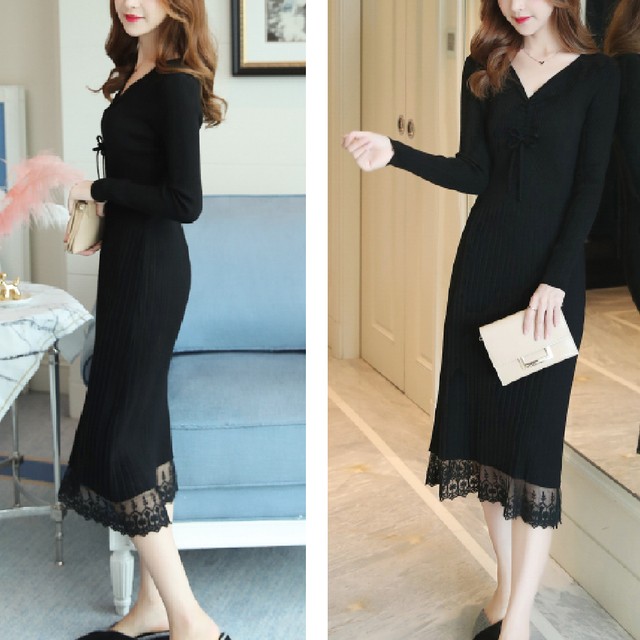 ロングワンピース Vネック パーティードレス レース入り 二次会 膝下丈 ニットワンピ 重ね着 株式会社raptor