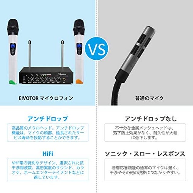 Jpcs 19年最新改良版 カラオケマイク Eivotor マイクセット ワイヤレスマイク 技適認証済みプロ 二重チャンネル Uhf無線マイク マイクシステム 受信機 2マイク ハンドヘルド型 6 5mmオーディオケーブル 電源アダプタ ステージ カラオケ 会議 パーティー用 Az