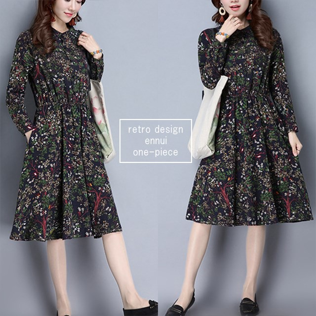 送料無料 ネイビー 花柄 シャツ ワンピース 秋冬 レトロ 長袖 ミディアム丈 お洒落 きれいめ ドレス Ayaka Shop