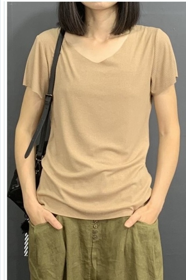 スリットレイヤード ニット 抗菌防臭 冷感タッチ フレンチスリーブ Vネック 洗える ニットレディース トップス セーター ニット Basecamp49