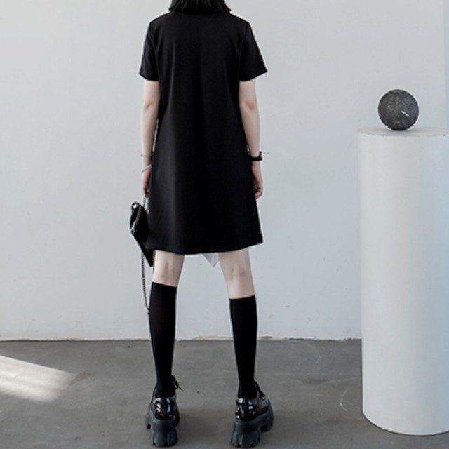 ワンピース レディース スクエア柄 半袖 ミドル丈 ハイウエスト ブラック 個性 個性コーデ 個性ファッション 個性好き 個性的スカート上品 大人 カジュアル 大人カジュアル スタイリッシュ きれいめ シック モード系 フェミニン レトロ 着回し 着回し力抜群 休日コーデ