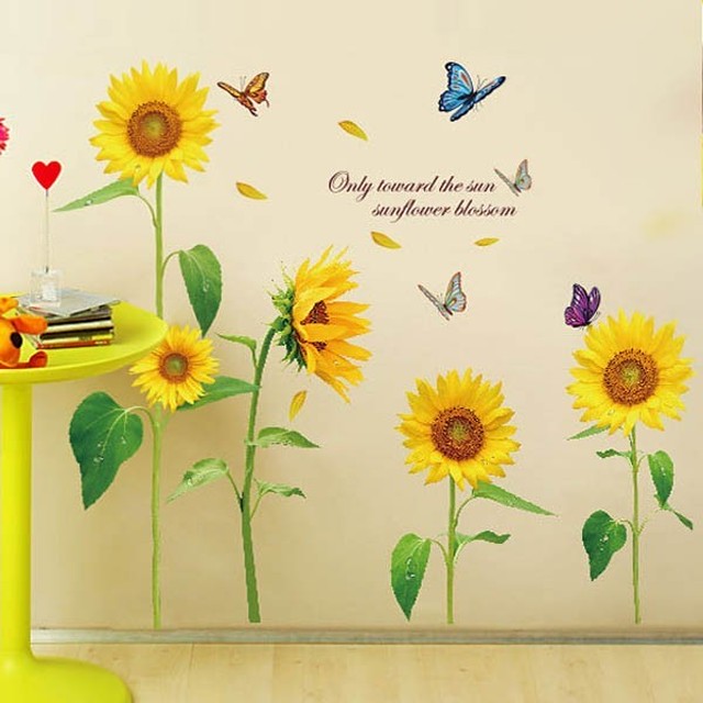 ウォールステッカー 夏の花 ひまわりと蝶 アート インテリアシール 壁デコレーション 北欧風 Diy リビング Peachyshop