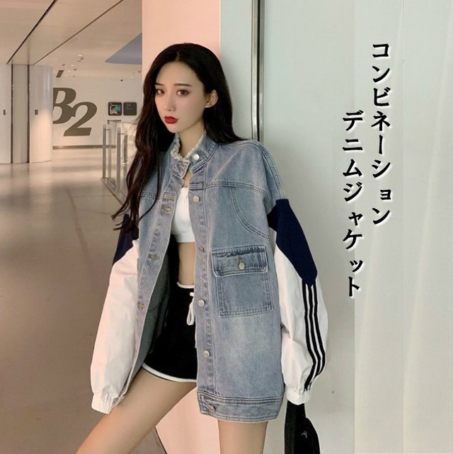 送料無料 デニム ジャケット ソフト ルーズ コンビネーション ライン袖 Gジャン アウター Tyk Mapoche マポッシュ Base店